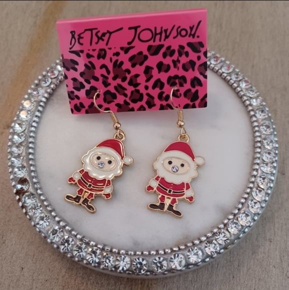 Red Enamel Rhinestone Holiday Christmas Santa Claus Dangle Drop Earrings - Picture 6 of 9